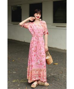 マキシ | ロングワンピース 五分袖 夏ワンピース 秋新作 Aラインワンピース マキシワンピース 花柄 プリント 旅行 ダンス ワンピース 30代40代 舞台 可愛い リボン