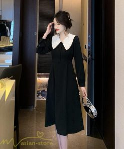 ミディアム | Aラインワンピース 秋コーデ レディース 長袖 膝丈ワンピース 腰リボン付き 美ライン シルエット 無地 フォーマル お呼ばれ 大人 オフィス 黒ワンピース