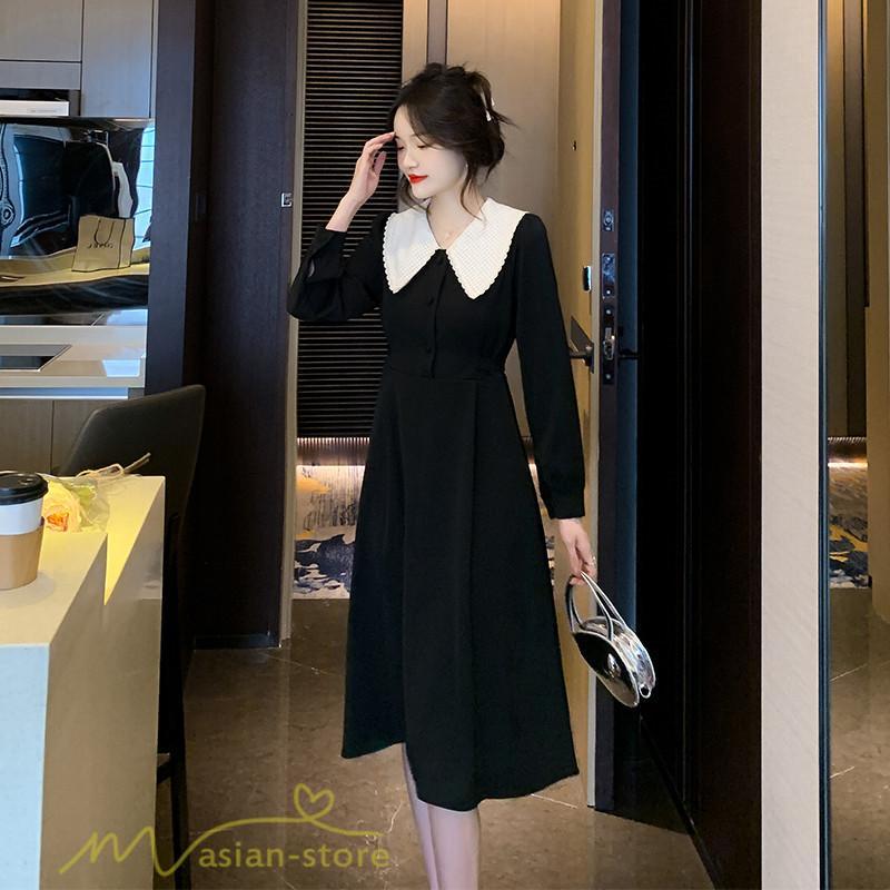 ミディアム | Aラインワンピース 秋コーデ レディース 長袖 膝丈ワンピース 腰リボン付き 美ライン シルエット 無地 フォーマル お呼ばれ 大人 オフィス 黒ワンピース