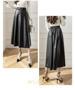 スカート | レザーフレアロング レディース ベルト付き ボトムス ロングAライン ミモレ丈 かっこいい 着痩せ キレイめ スリット