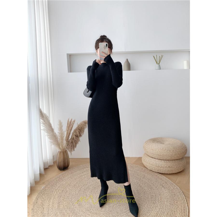 ニットワンピース | レディース 冬 きれいめ ロング おしゃれ 秋冬 長袖 ハイネック サイドスリット セクシー 同窓会 デート 大人フェミニン 女子会 韓国風
