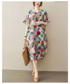ミディアム | ミディアムワンピース レディース 膝丈 ゆるワンピース 花柄 きれいめ フリーサイズ ゆったり 半袖 麻 綿 リネン 女性着 きれいめ コットン クルーネック 着回し