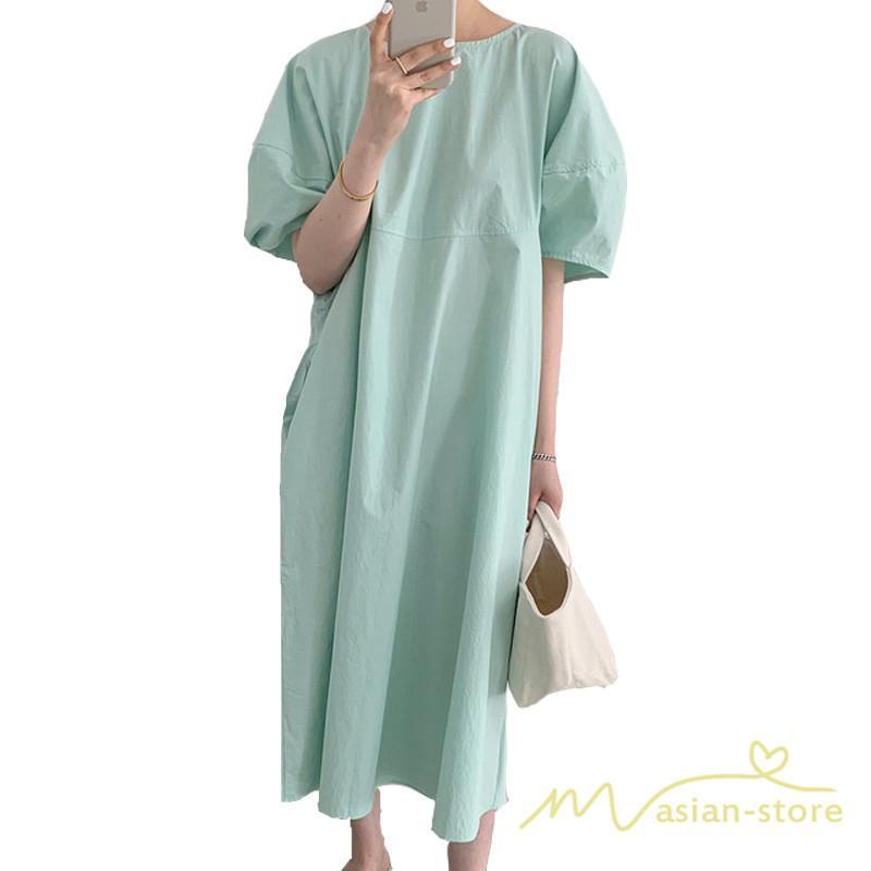 マキシ | ワンピース レディース パフスリーブロングワンピース ハーフスリーブ マキシワンピース ロング丈 半袖 マキシ丈 送料無料 韓国ファッション カジュアル