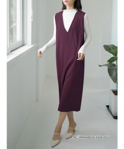 ノースリーブ | タンクワンピース 秋物 レディース ワンピース サイドポケット Vネック バックスリット入れ 20代50代 通学通勤 無地 大人 2022秋冬