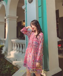 ミニ丈 | ワンピース レディース 春 夏 長袖 膝上 ショート 民族風 花柄 エスニック ボヘミアン 高品質 海外旅行 海デート 着痩せ Vネック レトロ リゾート カジュアル
