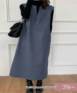 マキシ | ワンピース ジャンパースカート ジャンスカ 深Vネック ロングワンピース Vネック 】 ウール混深Vネックジャンスカ スリット入り【