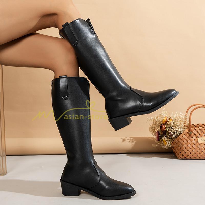 ロングブーツ | レディース ブーツ 秋冬 黒ブーツ シューズ 靴 太ヒール チャンキーヒール 合皮ブーツ PUブーツ ロング靴 COS 後ろファスナー くつ コスプレ