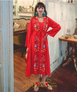 マキシ | エスニック刺繍ワンピース ロングワンピース 夏 秋 長袖 大人可愛い ゆったり リゾート 民族風 刺繍 着痩せ 20代30代40代 大人 Aライン エレガント 体型カバー