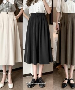 スカート | ロングAラインミモレ丈 フリル高見え ハイウエスト 秋冬 無地 ゆったり キレイめ 通勤 お出かけ デート 通学 着痩せ