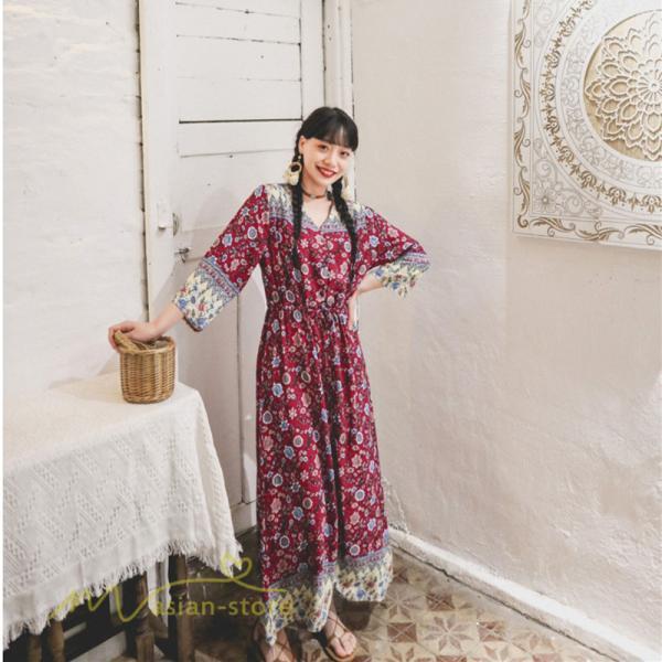 マキシ | ワンピース レディース 総柄 きれいめ ロングワンピース 可愛い カジュアル 春 夏 秋 40代 7分袖 上品 きれいめ 民族風 旅行着 おしゃれ プルオーバー