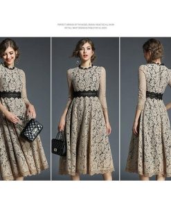 レースワンピース | ミモレフレアパーティードレス 結婚式二次会上品発表会入園式 袖あり七分袖 総レース 裏地あり エレガント シルエット フォーマル