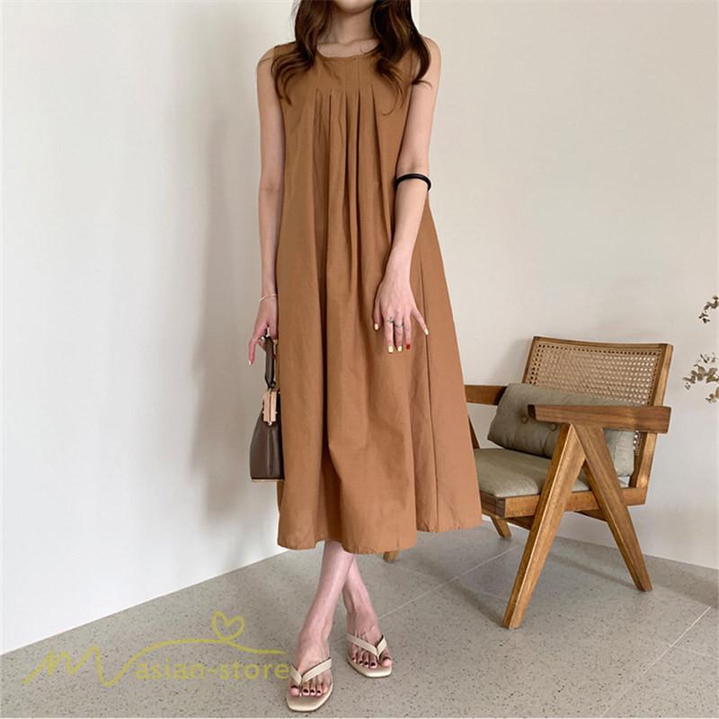 マキシ | ワンピース ノースリーブ 夏服 麻混 リネン混 春夏 カジュアル Aラインワンピース 綿麻 レディース フリーサイズ 夏 ロング丈 ギャザー きれいめ 無地