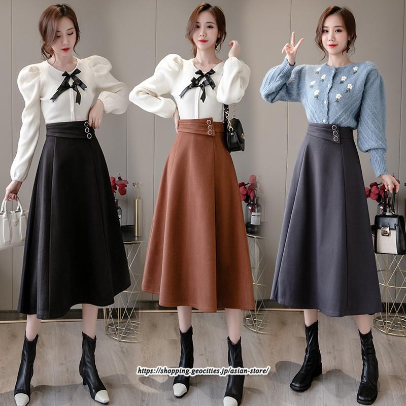 スカート | レディース ロングフレアAラインボトムス ラシャ 秋冬 暖か カジュアル お洒落 大人 可愛い 50代 30代 20代 着痩せ 40代