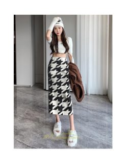 スカート | ロング 春秋冬 レディース ミモレ丈 ウエストゴム ハイウエスト Aライン 無地 きれいめ 大人 千鳥格柄 高見え 人気 SNS映え かっこいい 個性的