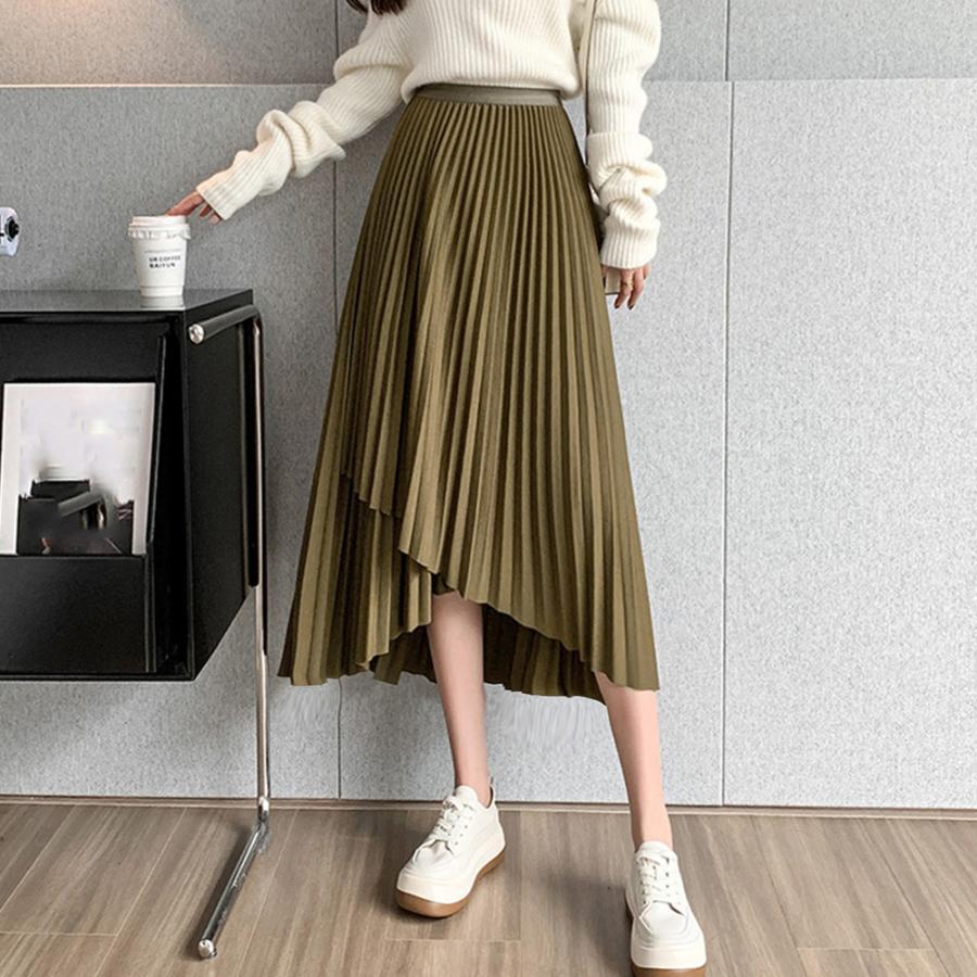 ロングスカート | 不規則裾 プリーツスカート ハイウエスト