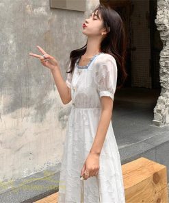 ミディアム | ワンピース レディース 着痩せ スクエアネック 上品 可愛い 半袖 ハイウエスト 透け感 Aラインワンピース 韓国風 20代 お出かけ 通勤通学 30代 きれいめ 40代