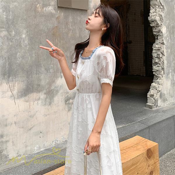 ミディアム | ワンピース レディース 着痩せ スクエアネック 上品 可愛い 半袖 ハイウエスト 透け感 Aラインワンピース 韓国風 20代 お出かけ 通勤通学 30代 きれいめ 40代