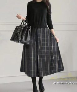 マキシ | ニットワンピース ドッキングワンピース 無地 チェック柄 黒 グレー 切り替え ワンピース 秋冬 フレアスカート 長袖 ニットトップス 切替 フェイクレイヤード