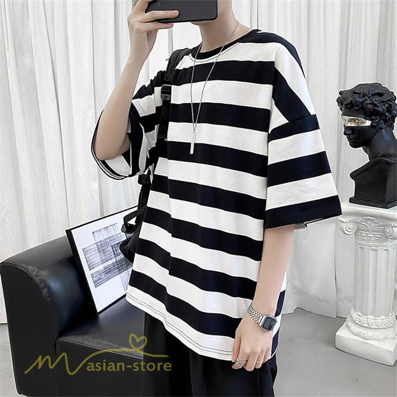 Tシャツ | カットソー 半袖トップス メンズボーダー カジュアル クルーネック ゆったり 夏新作 夏服 シンプル おしゃれ 大きいサイズ 5分袖