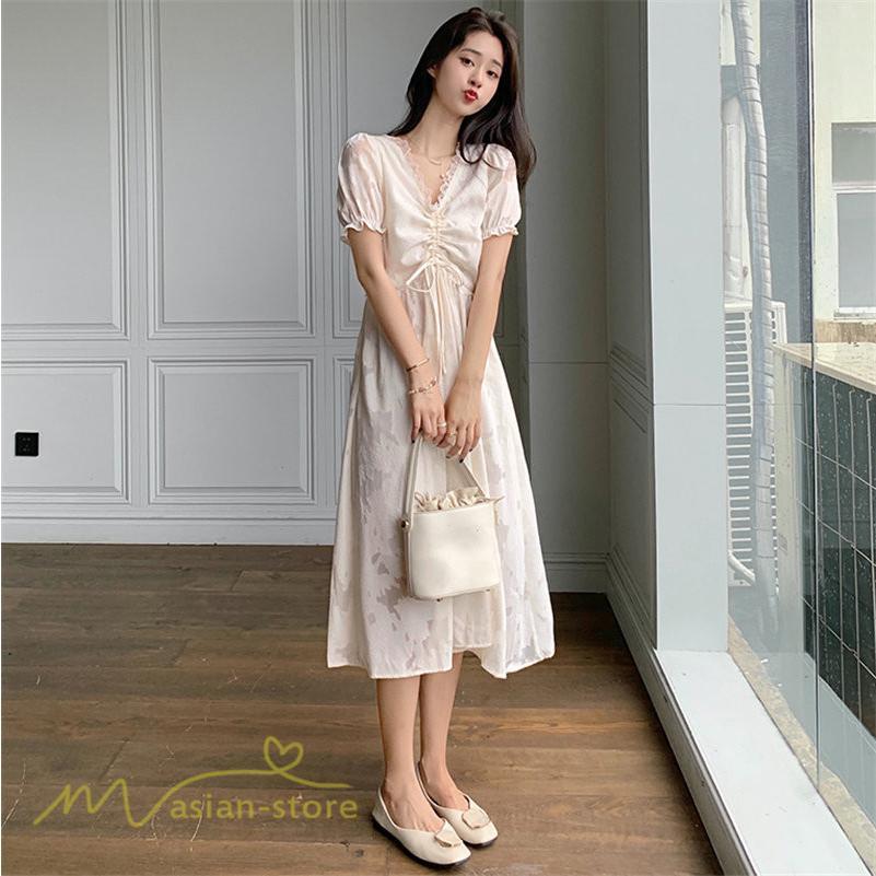 ミディアム | ワンピース レディース 着痩せ 上品 半袖 Aラインワンピース シフォン カジュアル 膝丈 きれいめ おしゃれ Vネック 上品 40代 30代 20代 サマーワンピース
