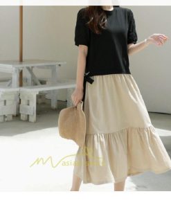 マキシ | 新作 ワンピース ロング丈 半袖 ロンTワンピース 夏ワンピ ロング丈 レイヤード風 異素材切替 ラウンドネック 体型カバー 無地 ゆったり 着痩せ 40代 50代 30代