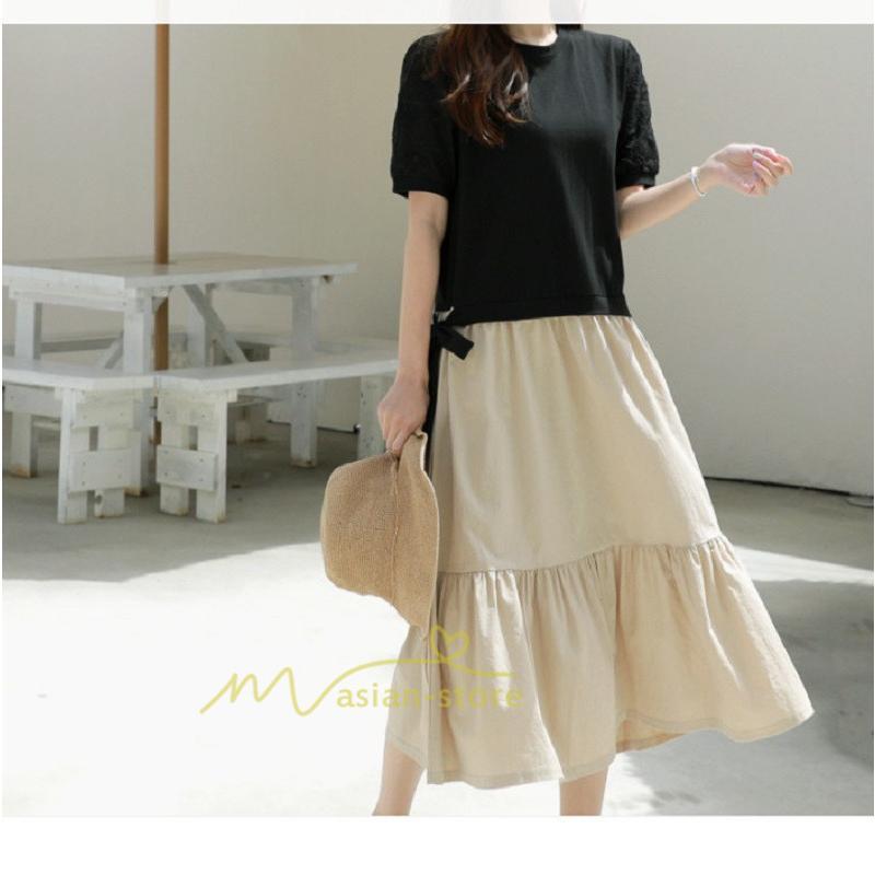 マキシ | 新作 ワンピース ロング丈 半袖 ロンTワンピース 夏ワンピ ロング丈 レイヤード風 異素材切替 ラウンドネック 体型カバー 無地 ゆったり 着痩せ 40代 50代 30代