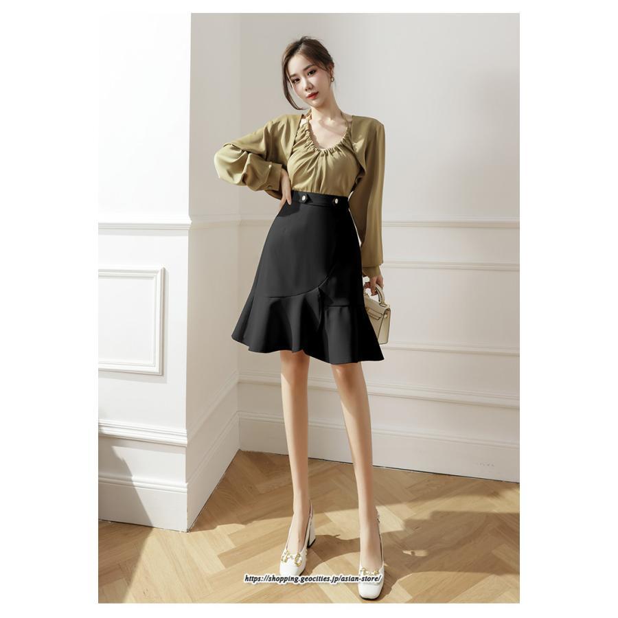 スカート | レディース ミニ膝上 マーメイド着痩せ フェミニン 優雅 上品 フリル 2022新作 韓国風 秋冬コーデ キレイめ 通勤 オシャレ 通学