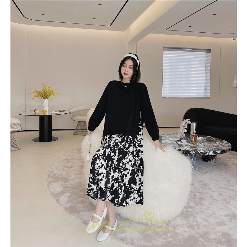 マキシ | ドッキングワンピース 秋 レディース 長袖ワンピース ロングワンピース 切り替えワンピース フェイク レイヤード風 Aラインワンピース お呼ばれワンピース