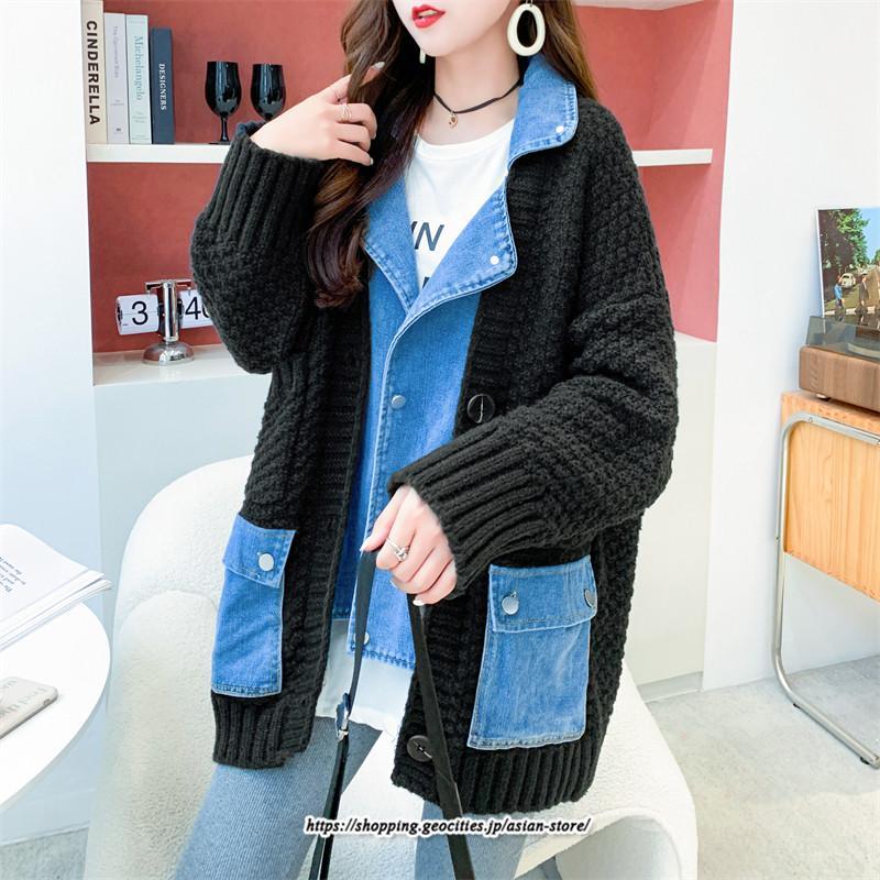 コート・ジャケット | ジャケット レディース 長袖 トップス ニット ニットカーディガン 切り替え デニム アウター 配色 デザイン おしゃれ 冬 カジュアル 2022 秋 カーディガン