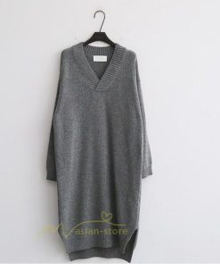 在庫ある | 短納期ロングニットワンピース ロングワンピ カットソー 長袖 トップス Vネック ゆったりセーターニット 体型カバー 通学通勤 OL ストレートニットワンピ