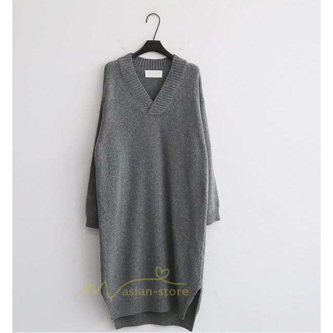在庫ある | 短納期ロングニットワンピース ロングワンピ カットソー 長袖 トップス Vネック ゆったりセーターニット 体型カバー 通学通勤 OL ストレートニットワンピ