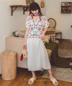 マキシ | ワンピース レディース リゾートワンピ かわいい 半袖 Ｖネック 刺繍 上品 Aライン ロング丈 ロング丈ワンピ エスニック風 結婚式 ファッション 二次会 卒業式