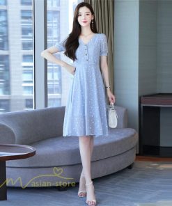 ミディアム | ワンピース レディース 着痩せ 半袖 Vネック カジュアル Aラインワンピース 大きいサイズ 上品 ドット柄 気質 春 新作 サマーワンピース 夏 おしゃれ