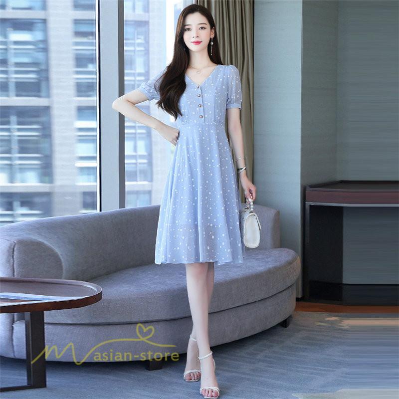 ミディアム | ワンピース レディース 着痩せ 半袖 Vネック カジュアル Aラインワンピース 大きいサイズ 上品 ドット柄 気質 春 新作 サマーワンピース 夏 おしゃれ