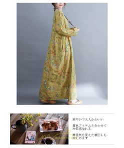 マキシ | ワンピース 大きいサイズ レディース  楽ちん 美人 コットン 夏 秋 新作 ぽっちゃり ゆったり 長袖 お腹 太もも 華奢 花柄 丸首 ポケット 黄色 美脚 着痩せ 通勤