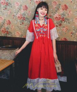 マキシ | ワンピース 七分袖 花と鳥 きれいめ ロング丈 レディース 夏 秋 レトロ 刺繍 レース Vネック エスニック風 リゾート　 イベント カジュアル お出かけ ボヘミアン