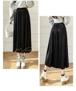 スカート | プリーツロングミモレ丈 ビロードAラインウエストゴム ハイウエスト 秋冬 無地 ゆったり 通学通勤 大人