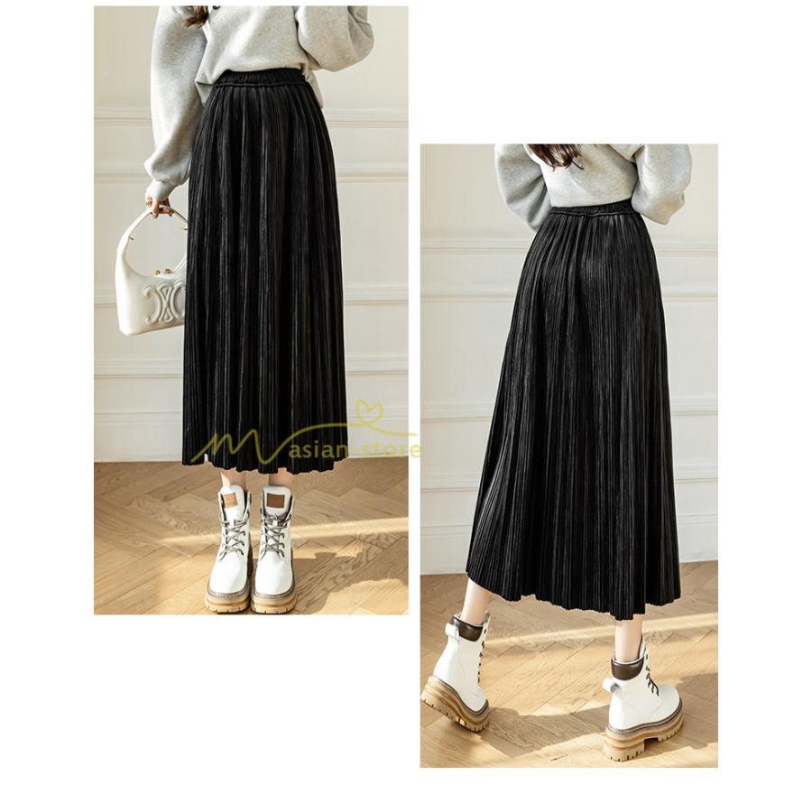 スカート | プリーツロングミモレ丈 ビロードAラインウエストゴム ハイウエスト 秋冬 無地 ゆったり 通学通勤 大人