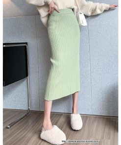 スカート | ニットストレッチレディース 秋冬 ロング丈 ミモレ丈 後ろスリット入れ タイトウエストゴム スリム リブニット 大人