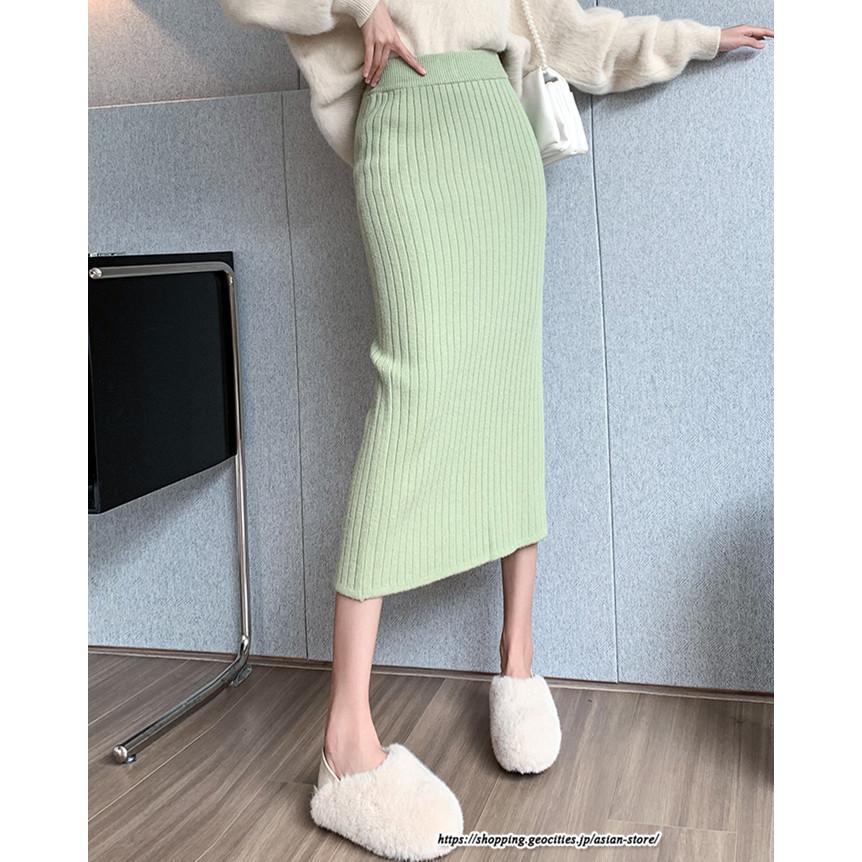 スカート | ニットストレッチレディース 秋冬 ロング丈 ミモレ丈 後ろスリット入れ タイトウエストゴム スリム リブニット 大人