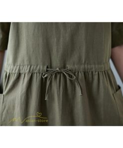 マキシ | ワンピース ゆるワンピース 無地 シャツワンピース ネック 麻混 ひざ丈 ウエスト紐 カジュアル ポケット 体型カバー ゆったり 30代 50代 夏物 40代 シンプル