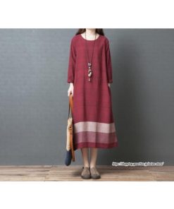 マキシ | リネンワンピース50代レディース綿麻風 長袖秋物 丸ネック 無地 Aラインワンピース ミモレ丈ワンピース サイドポケット ワンピース 30代40代 シンプル 大人