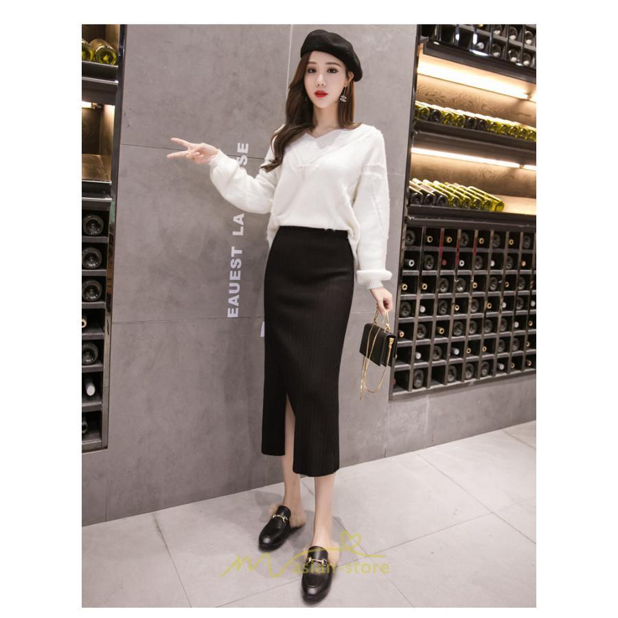 スカート | レディース ロング丈 ミモレ丈 冬 秋 暖か ボトムス ハイウエスト 美ライン スリット セクシー ニット イベント お出かけ デート お呼ばれ お食事会