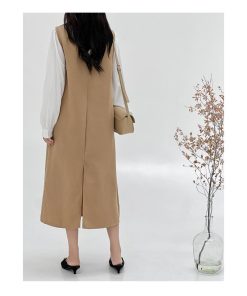 マキシ | ワンピース ジャンパースカート ジャンスカ 深Vネック ロングワンピース Vネック スリット入りロングワンピース ノースリーブ 30代40代 オフィス 大人