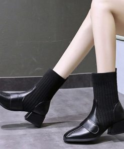 ショートブーツ | ソックス風ブーツ チャンキーヒール 痛くない 歩きやすい 美脚ブーツ ストレッチブーツ ハイカット レディース