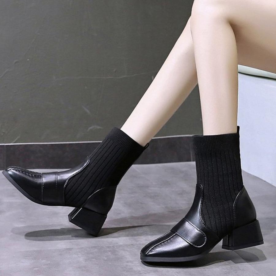 ショートブーツ | ソックス風ブーツ チャンキーヒール 痛くない 歩きやすい 美脚ブーツ ストレッチブーツ ハイカット レディース