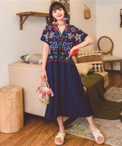 マキシ | ワンピース レディース リゾートワンピ かわいい 半袖 Ｖネック 刺繍 上品 Aライン ロング丈 ロング丈ワンピ エスニック風 結婚式 ファッション 二次会 卒業式