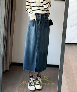 スカート | 秋デニムレディース 秋物 ロングミモレ丈 フロントスリット入れ ポケットあり スリム ストレート 無地 ボトムス キレイめ デニム お洒落