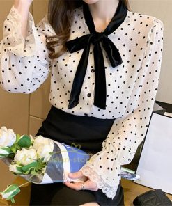 シャツ・ブラウス | ブラウス レディース 長袖ブラウス 秋服 オフィスブラウス リボンネック オシャレブラウス プリントトップス 韓国風 大人 ゆったりシャツ 通勤OL ドット柄 上品