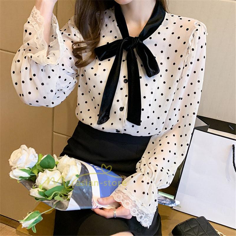 シャツ・ブラウス | ブラウス レディース 長袖ブラウス 秋服 オフィスブラウス リボンネック オシャレブラウス プリントトップス 韓国風 大人 ゆったりシャツ 通勤OL ドット柄 上品